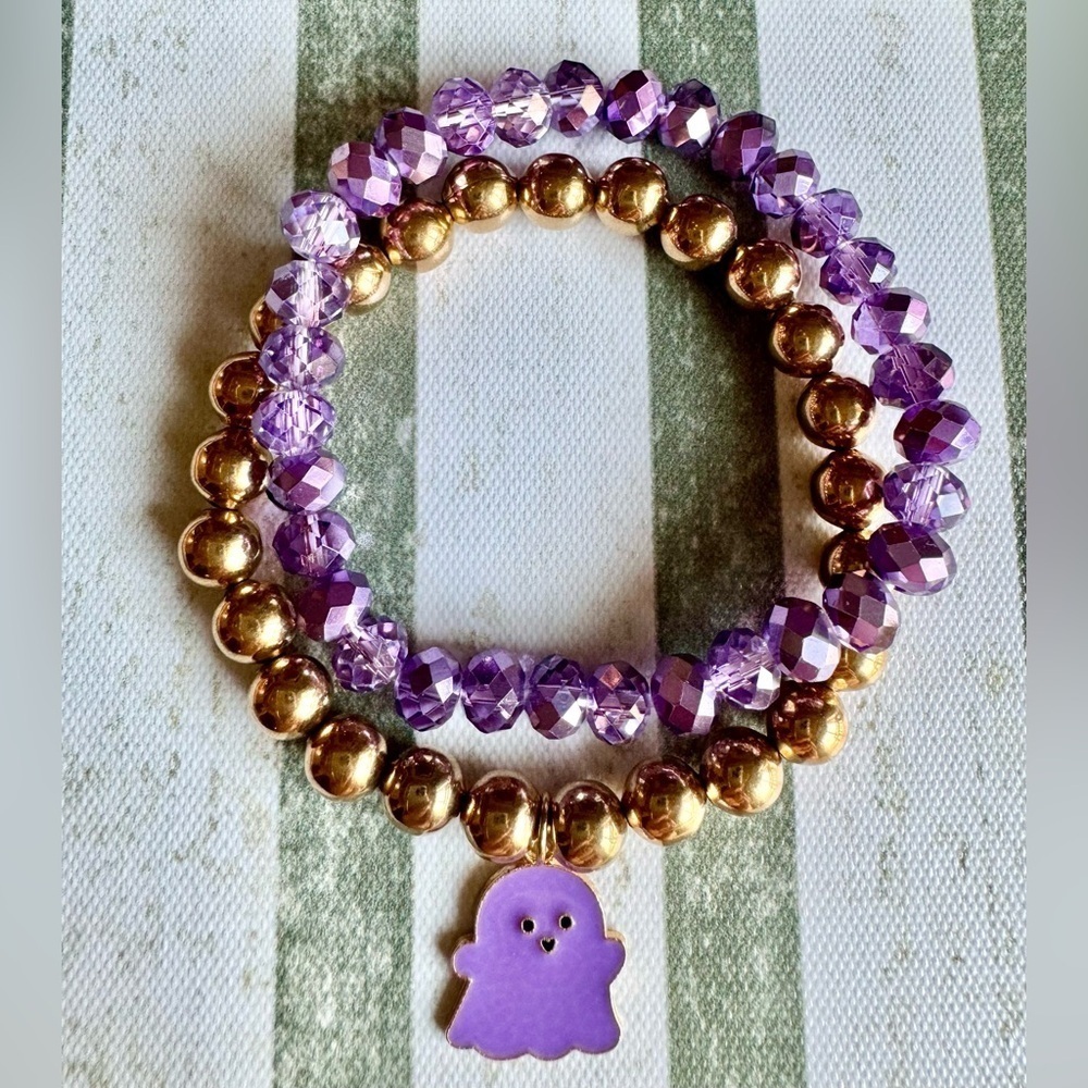 New Halloween Beaded Purple & Gold Tone Adult Size Bracelets w/ Ghost Charm - 8”